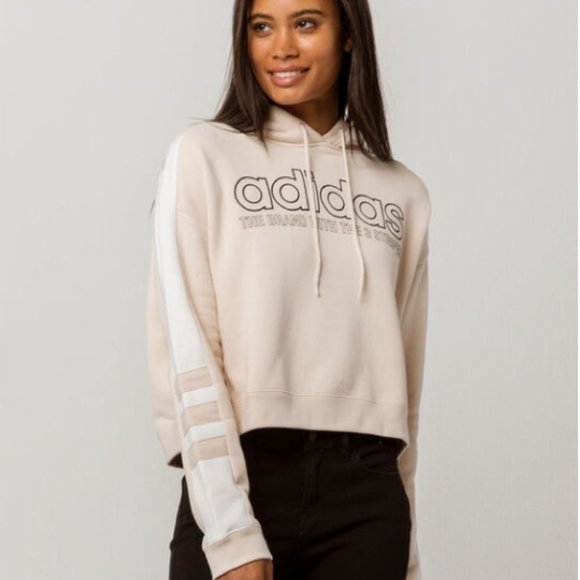 Adidas Cream Logo Cropped Hoodie Women's XL - Picture 1 of 7